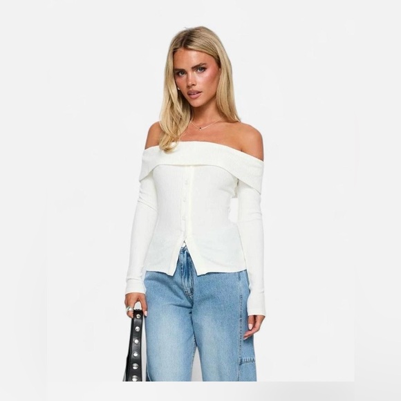 Princess Polly Sweaters - Princess Polly Off-the-Shoulder White Ribbed Button-Up Sweater Women’s XS / 2